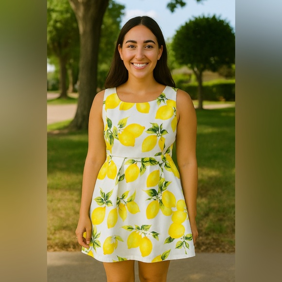 Lemon Chello Print Sleeveless Crew Peplum Dress by CRFS- Size Medium - Picture 1 of 11